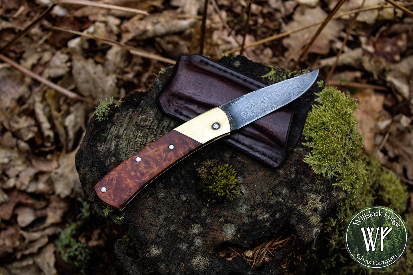 Hand-forged slipjoint folding knife / Raindrop Damascus Go-Mai Blade / Brass Liners & Bolsters / Amboyna Burl Scales
