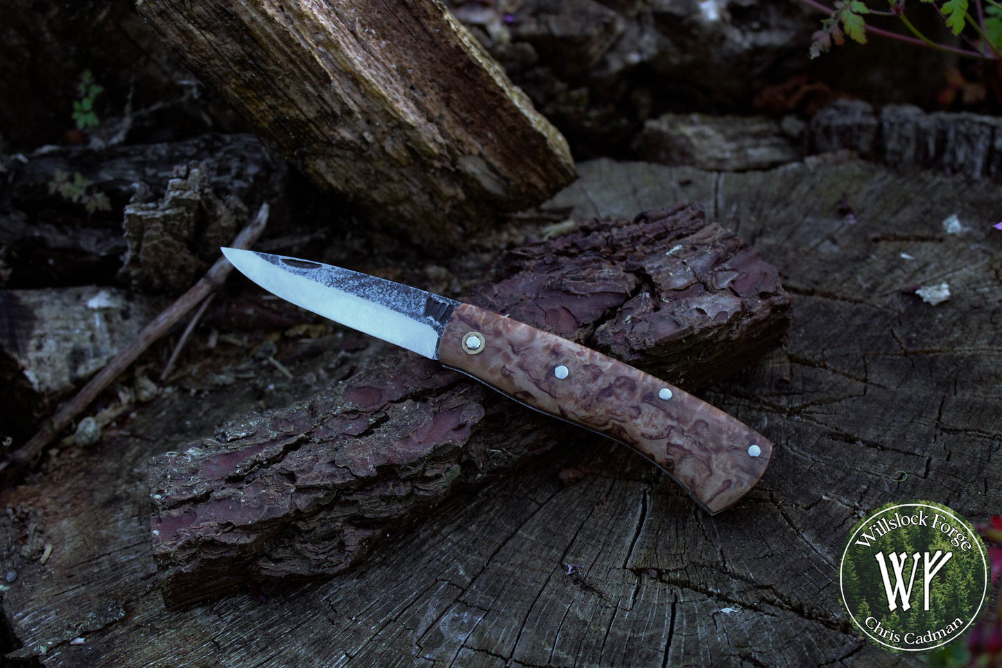 Hand-forged Slipjoint / UK Legal Folding Knife / Sheffcut Blade with Stabilized Masur Birch / UK Legal