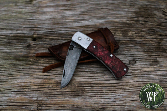 [Reserved for Amber] Hand-forged Slipjoint / UK Legal Folding Knife / Damascus San Mai Blade with Wrought Iron & Red Chestnut Handle