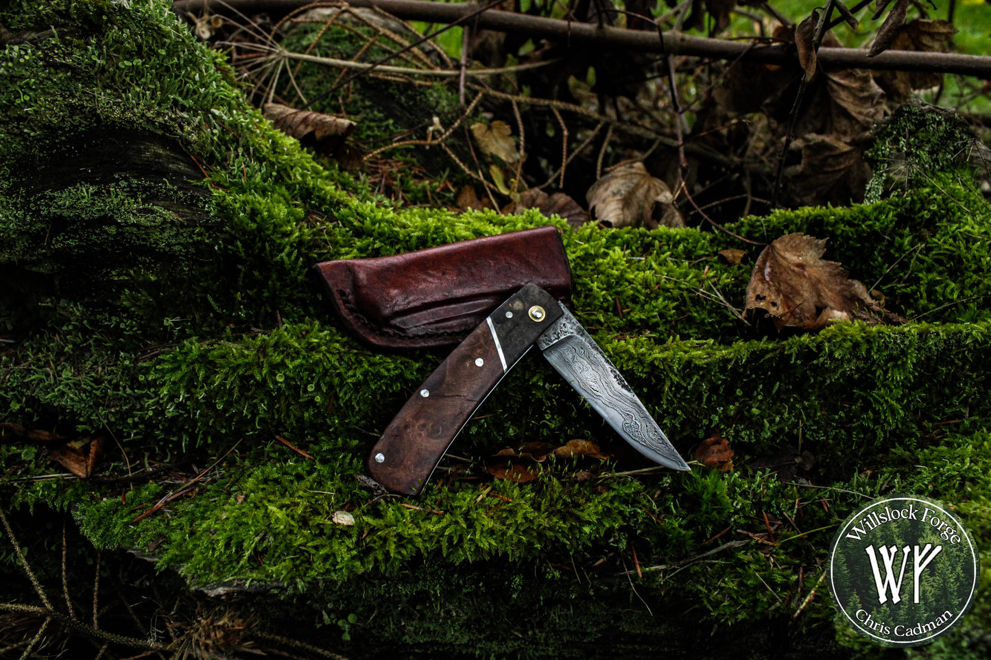 Hand-forged Slipjoint / Pattern-Welded San Mai blade with Elm & Ash Burl (Stabilized) Scales / UK Legal Pocketknife