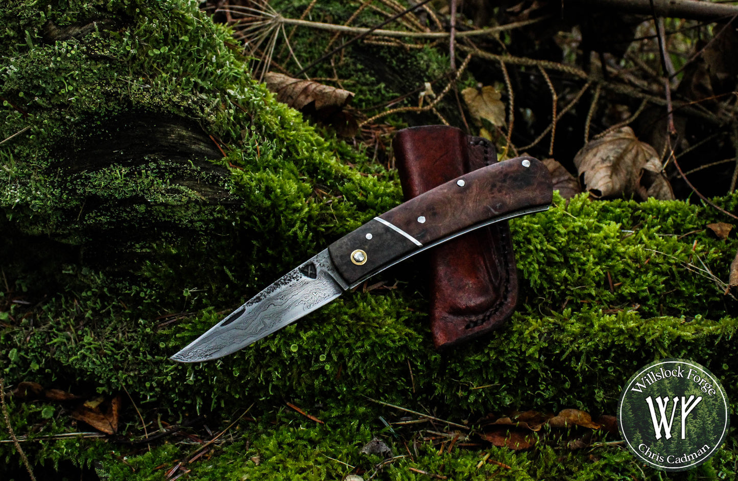 Hand-forged Slipjoint / Pattern-Welded San Mai blade with Elm & Ash Burl (Stabilized) Scales / UK Legal Pocketknife