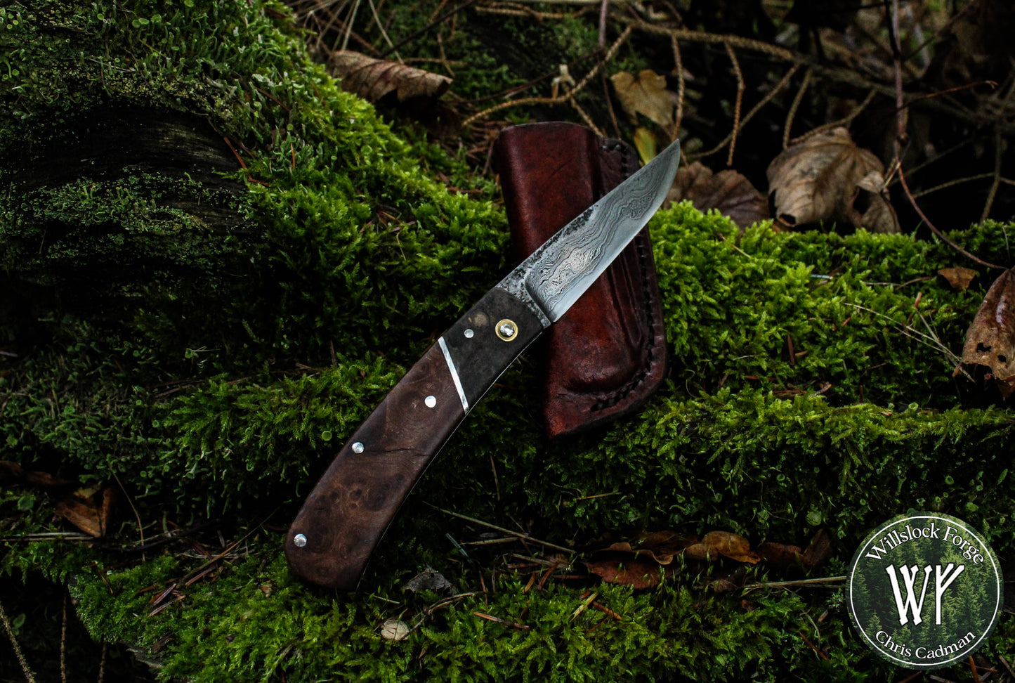 Hand-forged Slipjoint / Pattern-Welded San Mai blade with Elm & Ash Burl (Stabilized) Scales / UK Legal Pocketknife