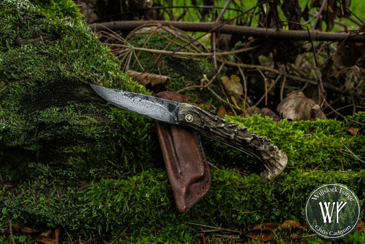 Hand-forged Antler friction folder / Pattern-welded San Mai Blade / Roe deer Antler / UK Legal Pocket Knife