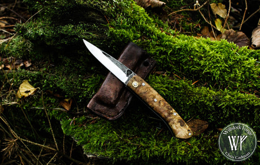 Hand-forged Slipjoint / Heavy Duty Folding Knife / Sheffcut Carbon Steel blade with Box Elder Burl (Stabilized) Scales / UK Legal Pocketknife