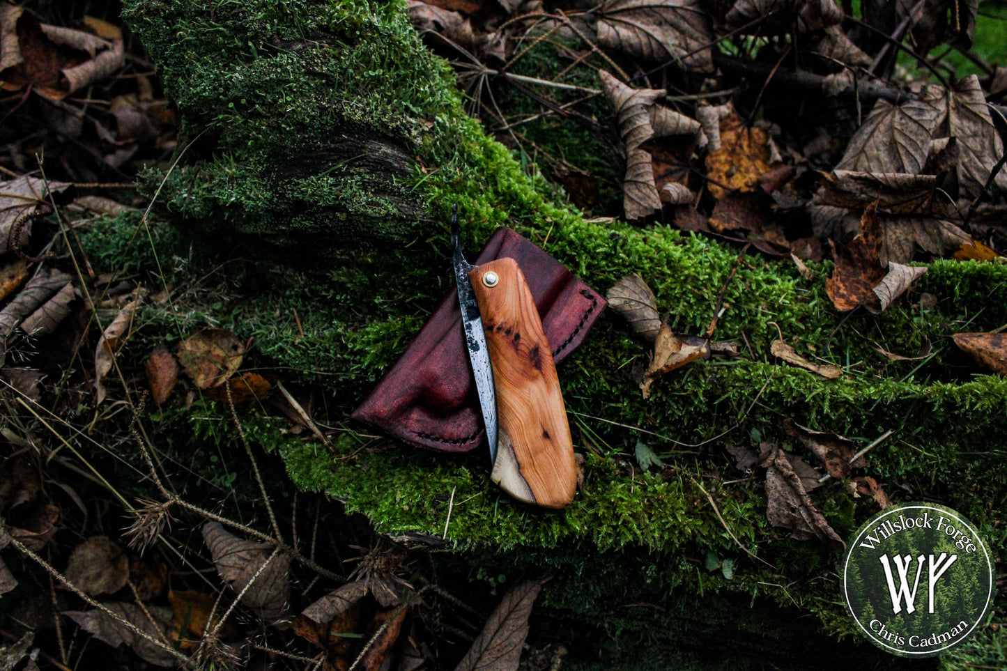 Hand-forged folding knife / Pattern-welded Viking Friction Folder with Welsh Yew Burl handle / UK Legal