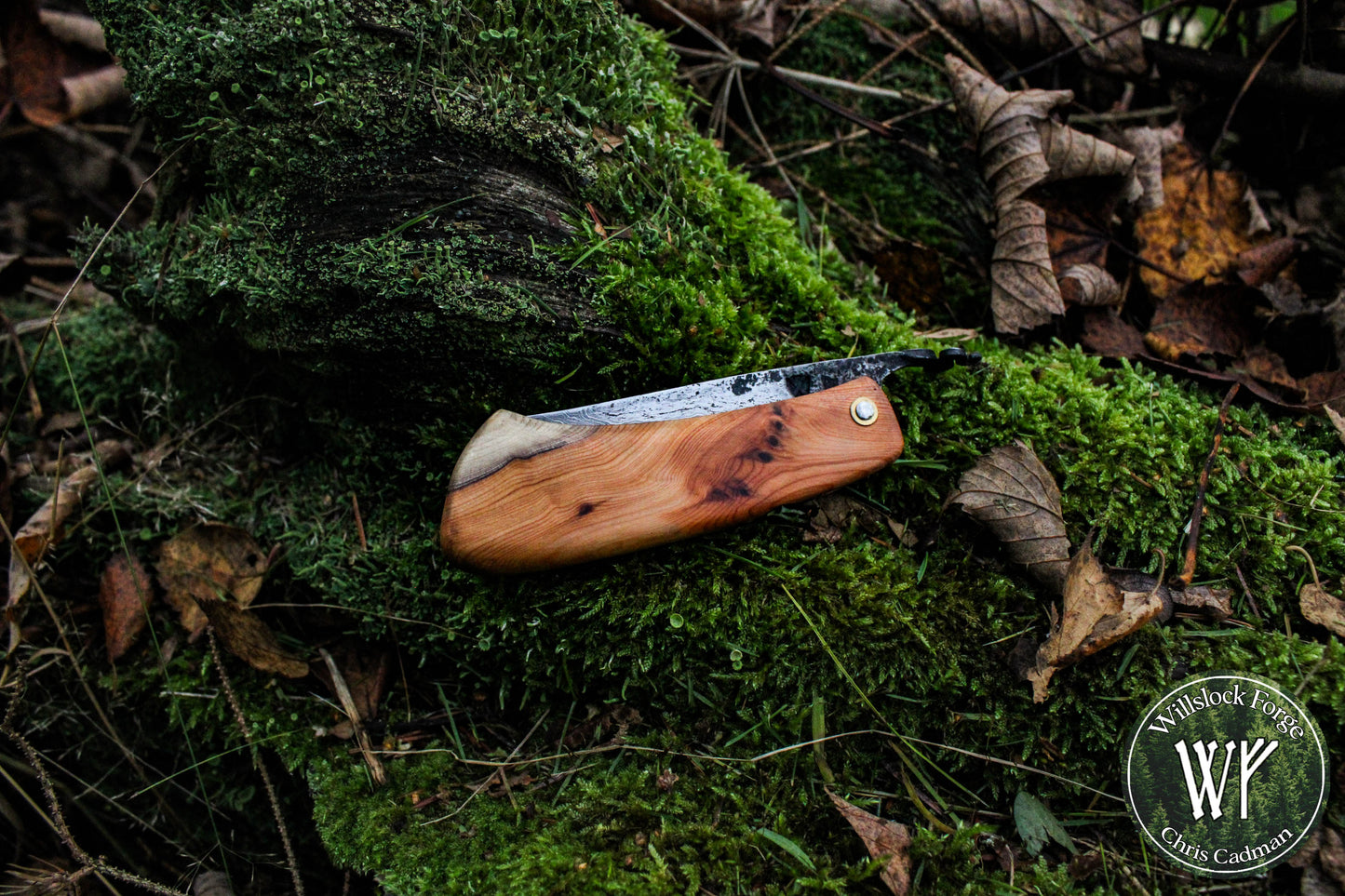 Hand-forged folding knife / Pattern-welded Viking Friction Folder with Welsh Yew Burl handle / UK Legal