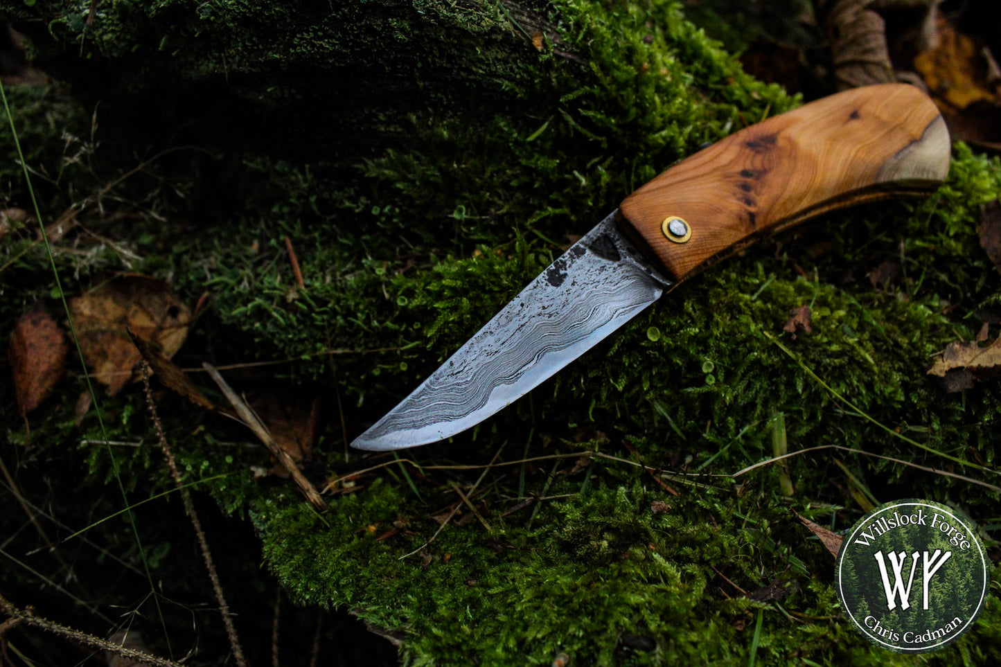 Hand-forged folding knife / Pattern-welded Viking Friction Folder with Welsh Yew Burl handle / UK Legal