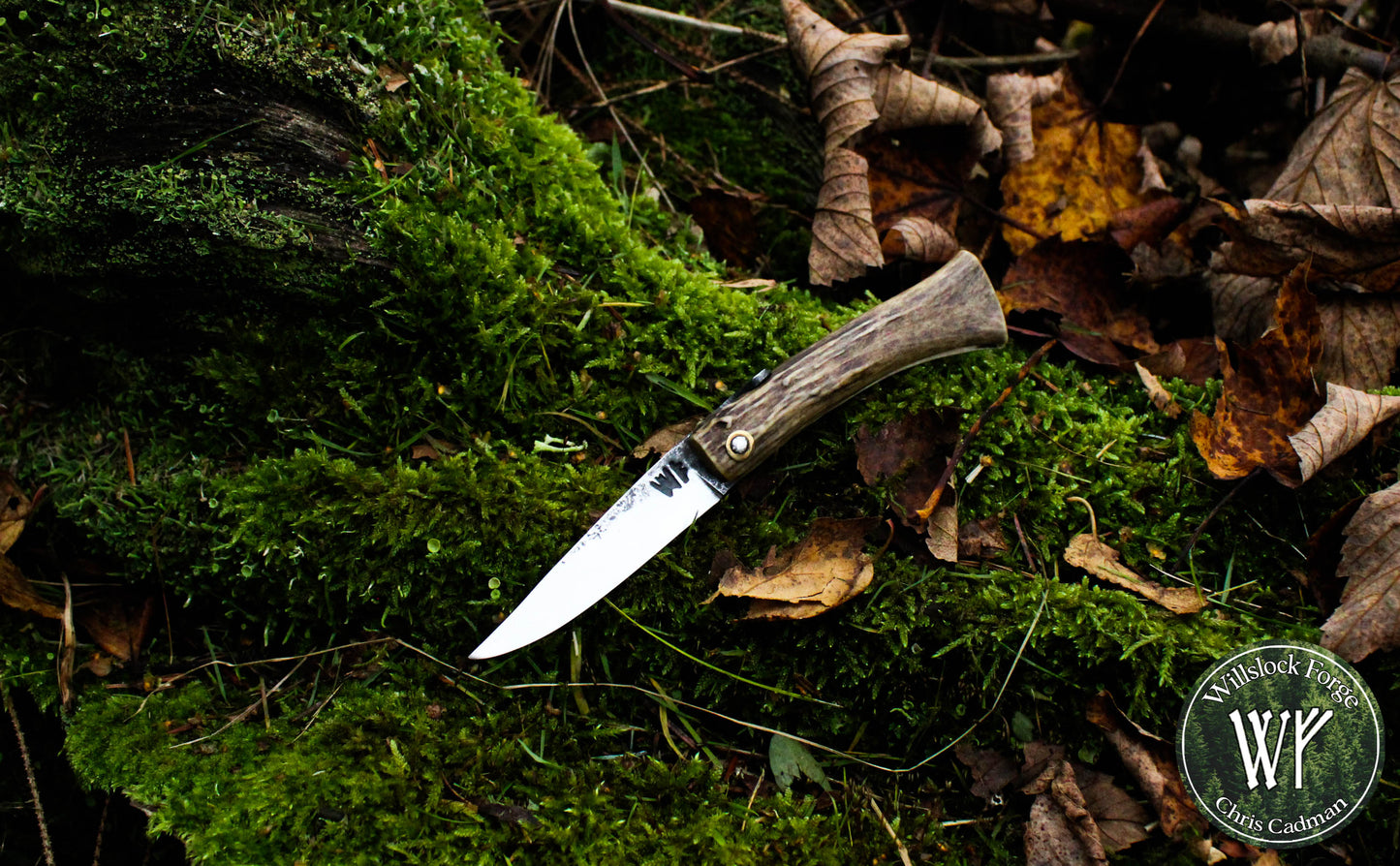 Hand-forged Friction Folder / Viking folding knife with antler handle / 1084 Carbon Steel blade / UK Legal Carry