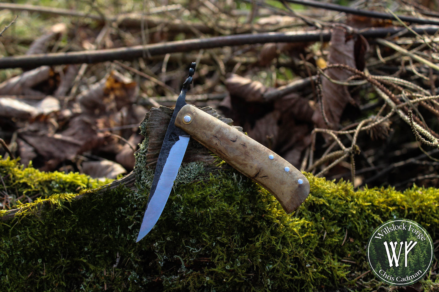 Hand-forged Viking Friction Folder / 15n20 Blade / Stabilized Holly & Elm handle / UK Legal Pocket Knife