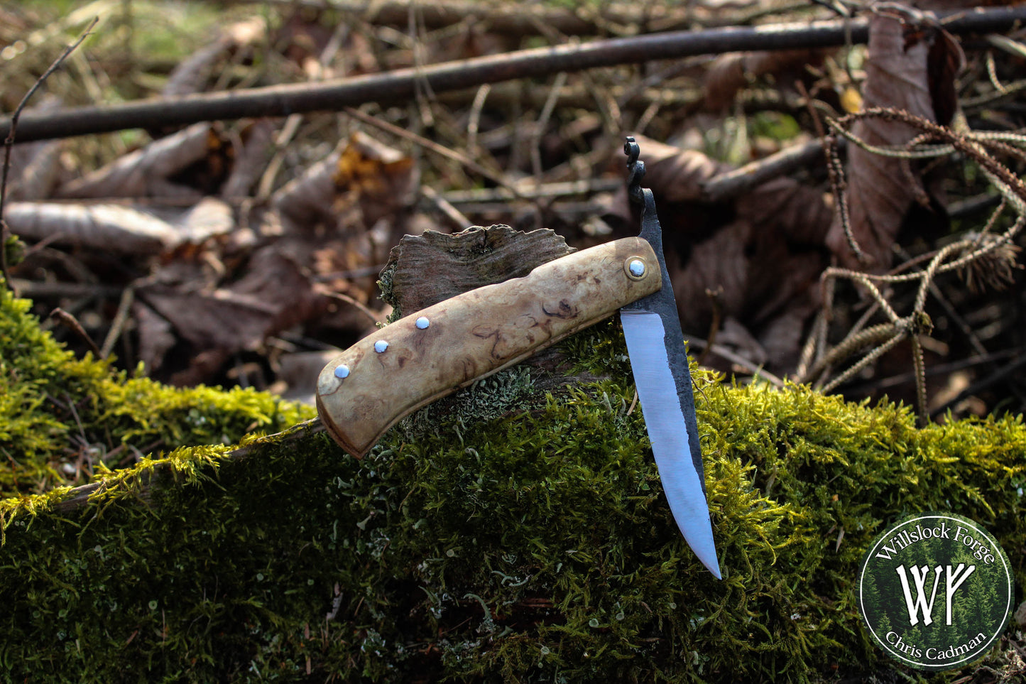 Hand-forged Viking Friction Folder / 15n20 Blade / Stabilized Holly & Elm handle / UK Legal Pocket Knife