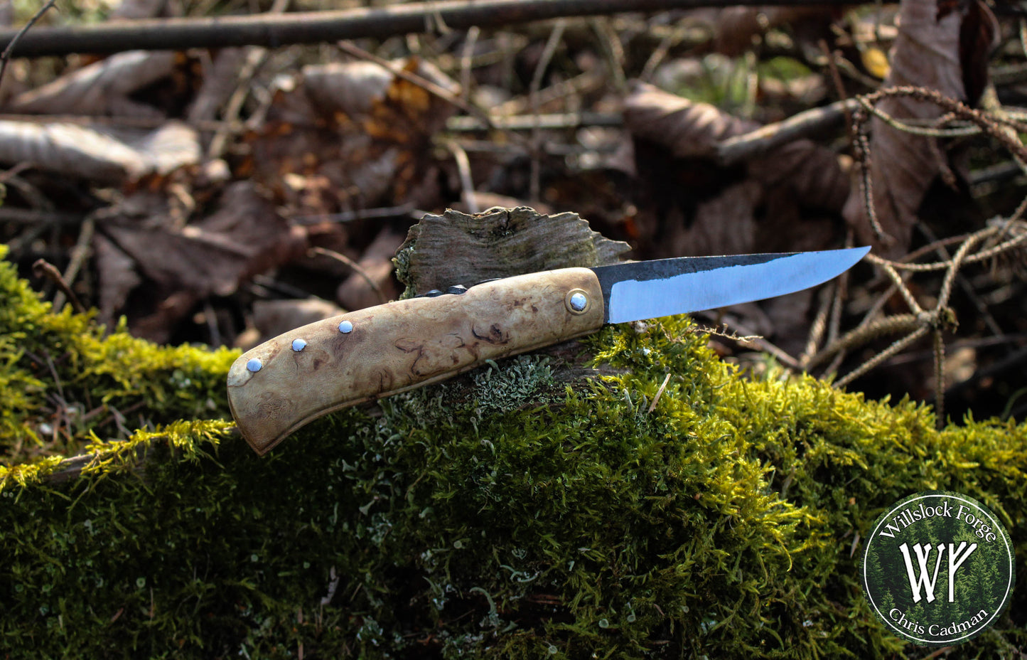 Hand-forged Viking Friction Folder / 15n20 Blade / Stabilized Holly & Elm handle / UK Legal Pocket Knife