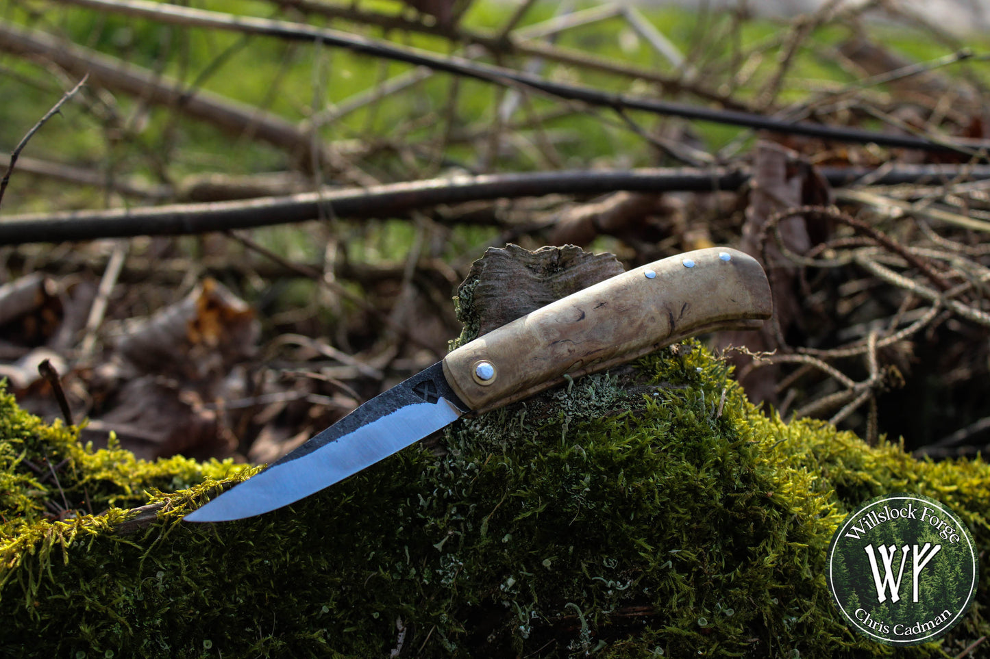 Hand-forged Viking Friction Folder / 15n20 Blade / Stabilized Holly & Elm handle / UK Legal Pocket Knife