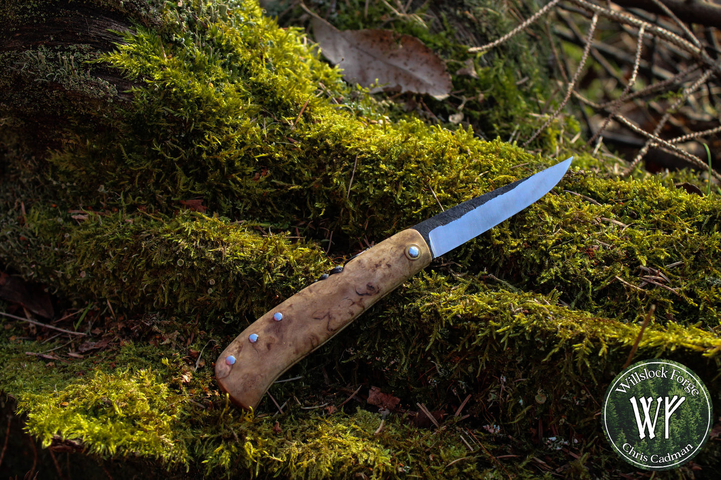 Hand-forged Viking Friction Folder / 15n20 Blade / Stabilized Holly & Elm handle / UK Legal Pocket Knife