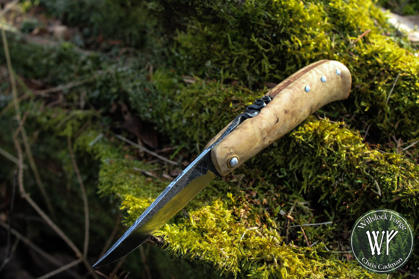 Hand-forged Viking Friction Folder / 15n20 Blade / Stabilized Holly & Elm handle / UK Legal Pocket Knife