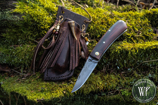 Hand-forged Slipjoint / UK Legal Folding Knife / Pattern-welded blade with Stabilized Bog Yew / UK Legal