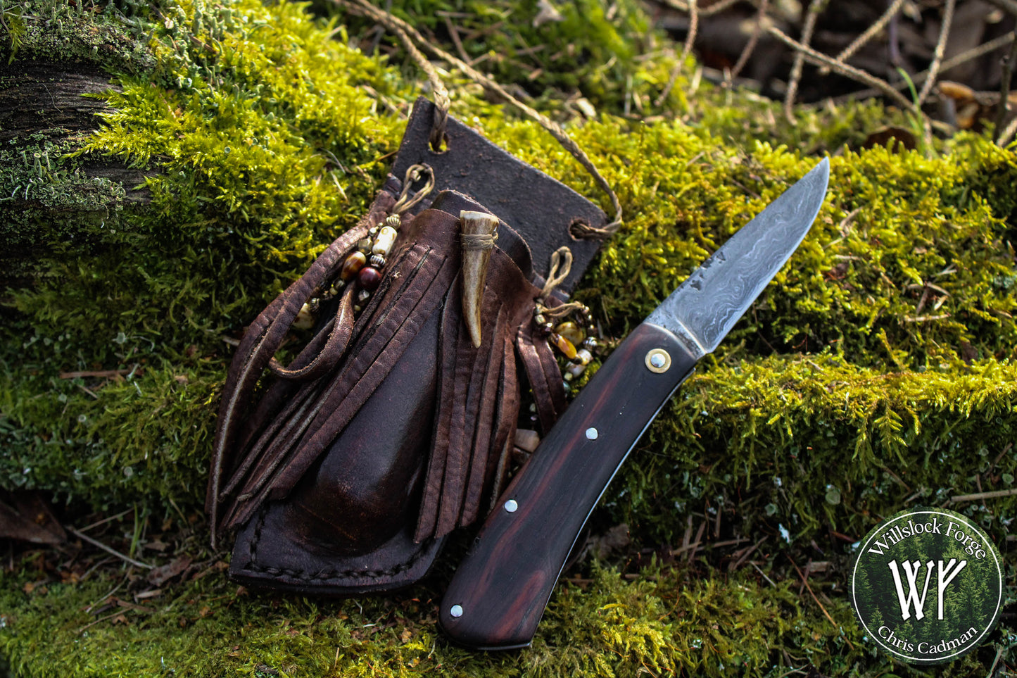 Hand-forged Slipjoint / UK Legal Folding Knife / Pattern-welded blade with Stabilized Bog Yew / UK Legal