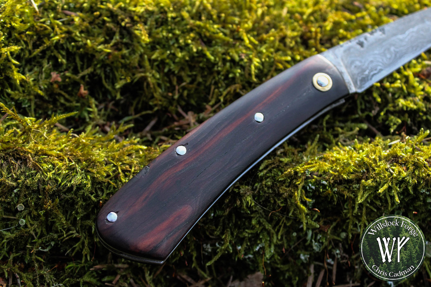 Hand-forged Slipjoint / UK Legal Folding Knife / Pattern-welded blade with Stabilized Bog Yew / UK Legal