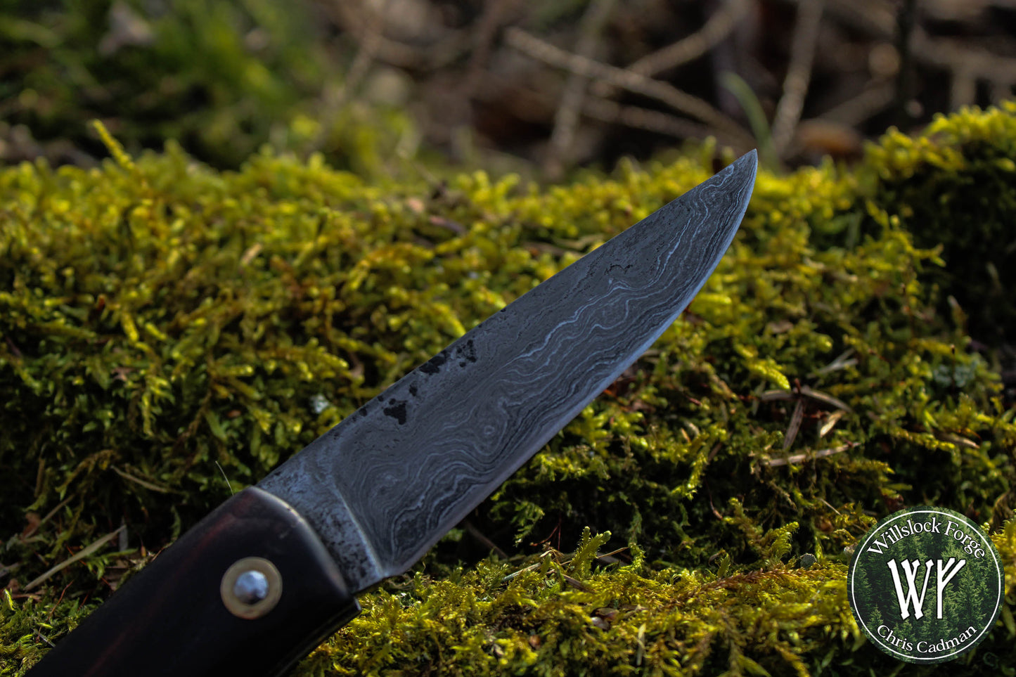 Hand-forged Slipjoint / UK Legal Folding Knife / Pattern-welded blade with Stabilized Bog Yew / UK Legal