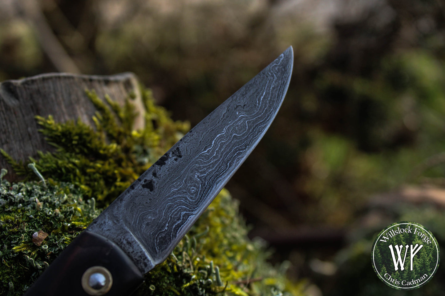 Hand-forged Slipjoint / UK Legal Folding Knife / Pattern-welded blade with Stabilized Bog Yew / UK Legal