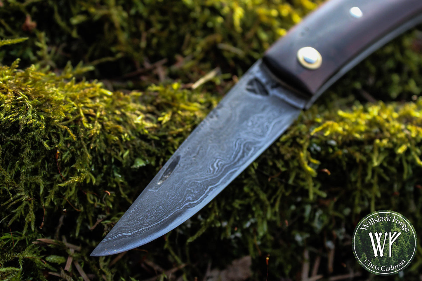 Hand-forged Slipjoint / UK Legal Folding Knife / Pattern-welded blade with Stabilized Bog Yew / UK Legal