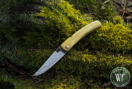 Hand-forged folding knife / Wrought Iron San Mai Viking Friction Folder / Boxwood handle / UK Legal