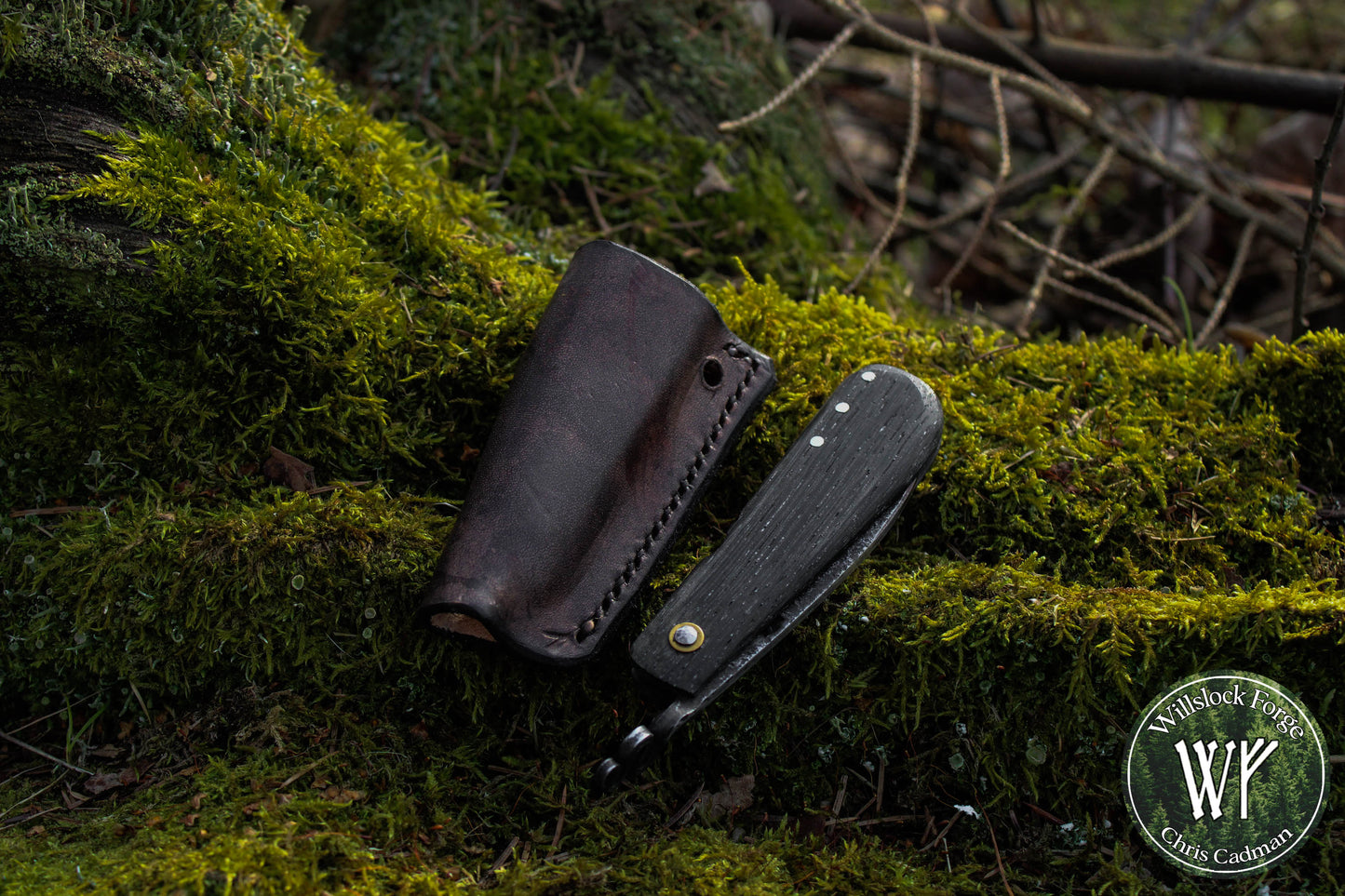 Hand-forged Folding Mushroom Knife. 1084 Carbon Steel Blade with Bog Oak and Bloodwood handle.