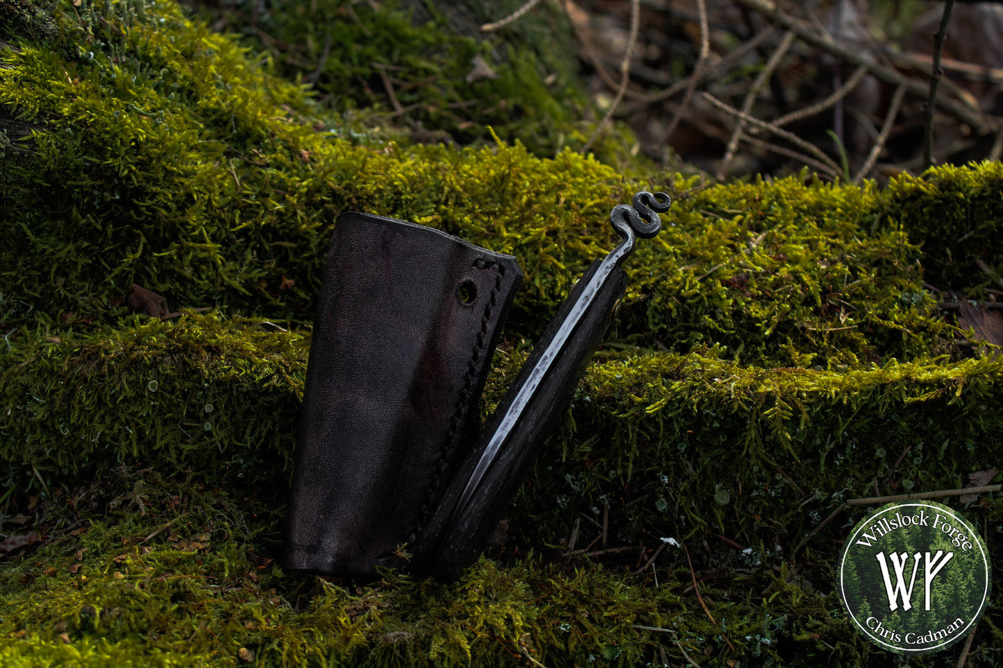 Hand-forged Folding Mushroom Knife. 1084 Carbon Steel Blade with Bog Oak and Bloodwood handle.