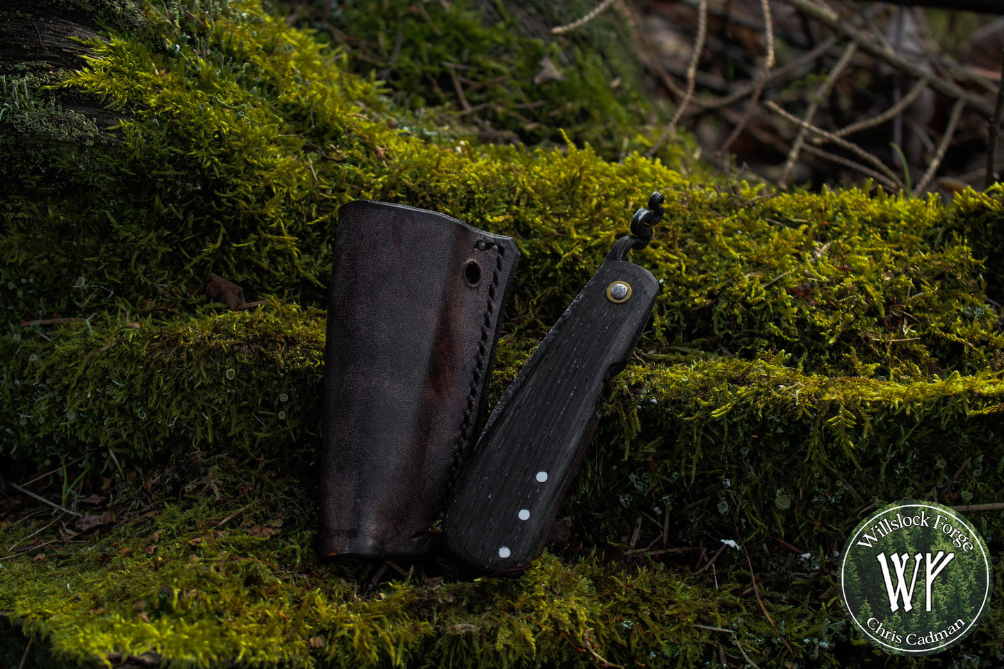 Hand-forged Folding Mushroom Knife. 1084 Carbon Steel Blade with Bog Oak and Bloodwood handle.