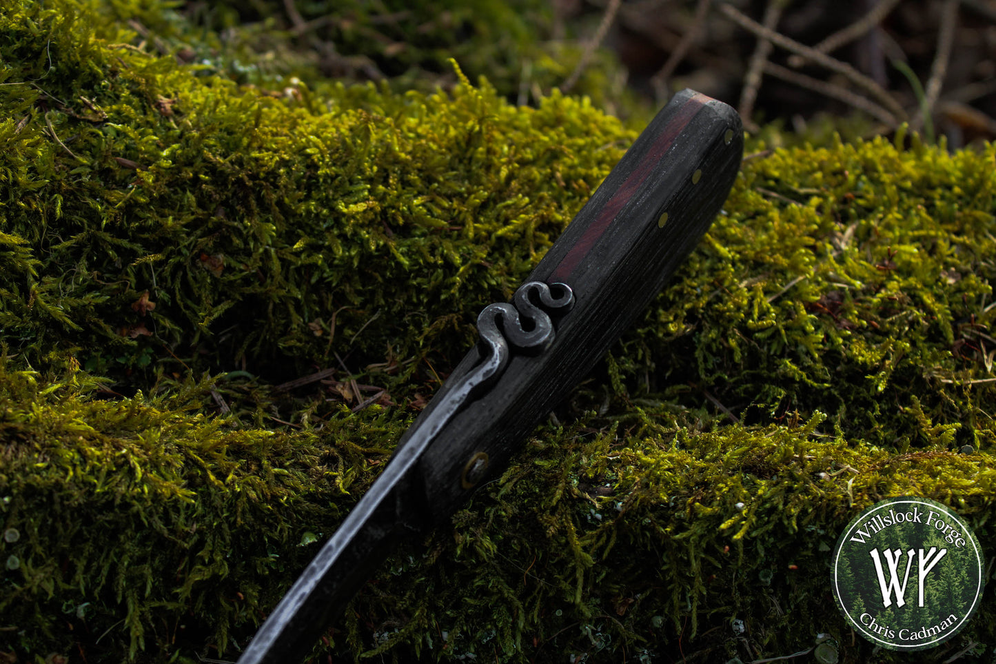 Hand-forged Folding Mushroom Knife. 1084 Carbon Steel Blade with Bog Oak and Bloodwood handle.